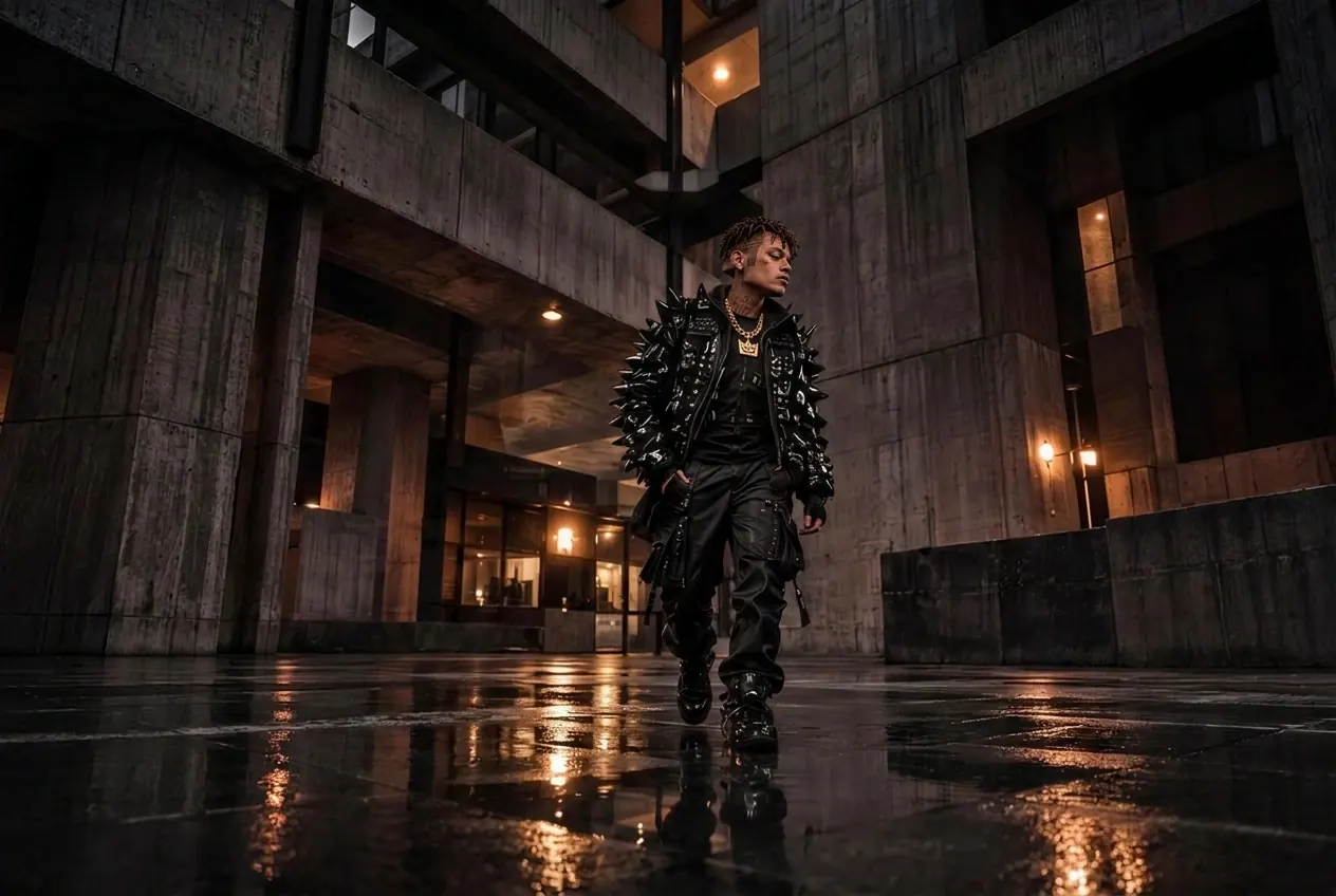 KUBE 03 walking across a wet plaza beneath raw concrete brutalist buildings at dusk