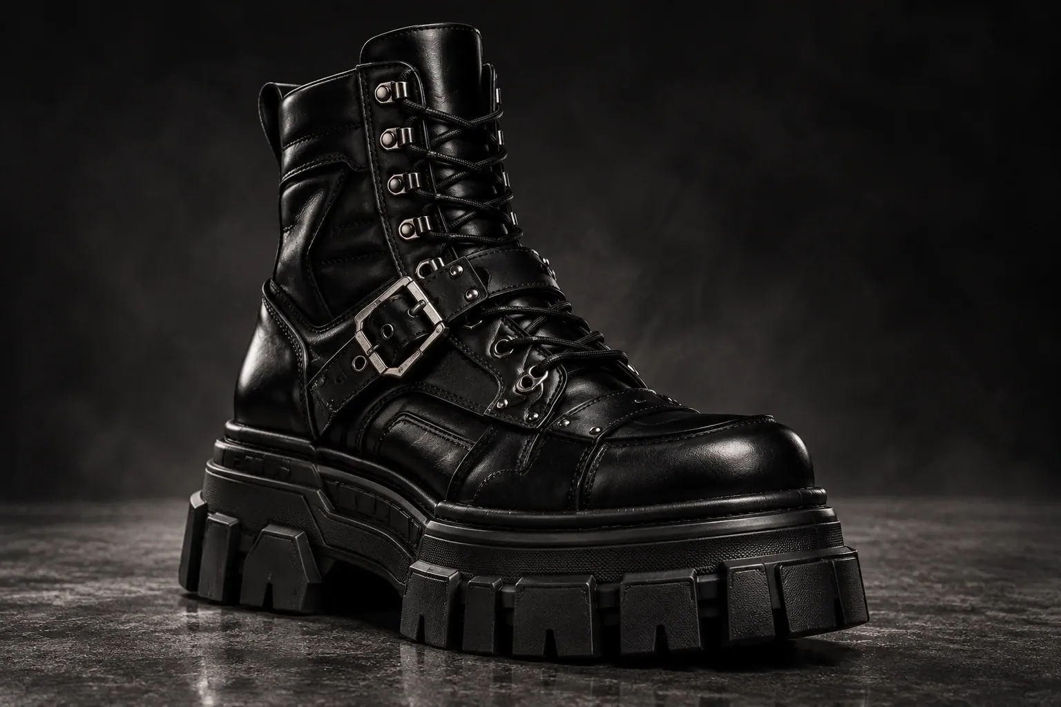 Heavy black platform boot with a steel buckle