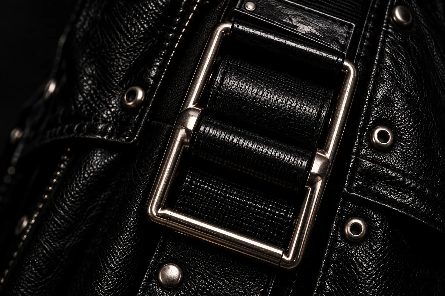 Black leather strap with a heavy steel buckle and rivets