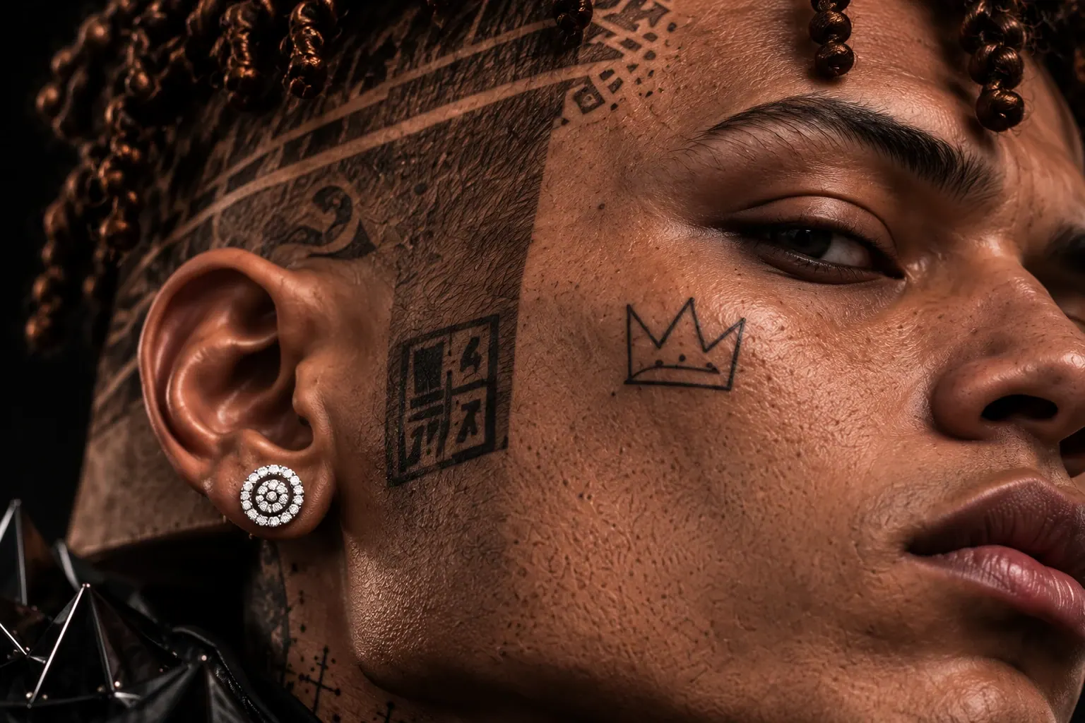 Close-up of the crown and glyph tattoos on KUBE's cheek