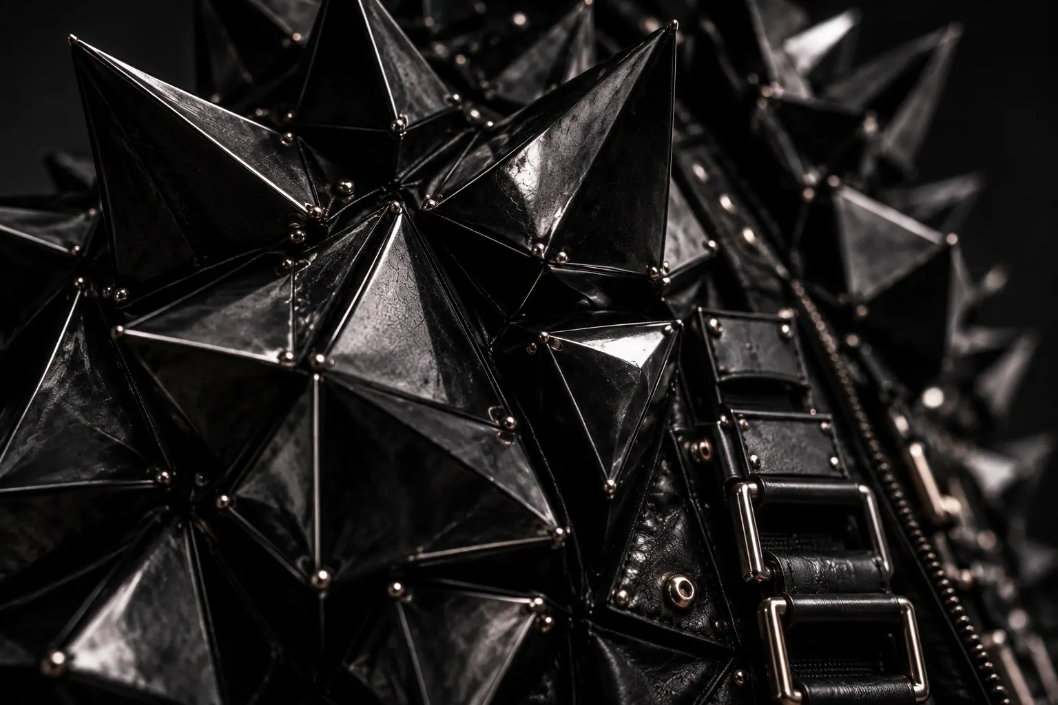 Macro of the jacket's black faceted spikes and strap hardware