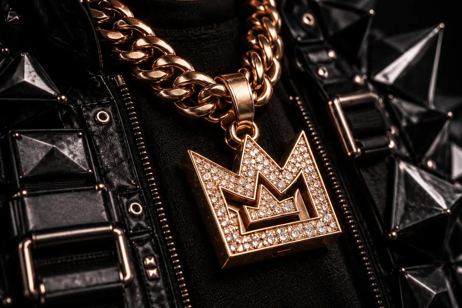 The gold crown pendant on a heavy gold chain