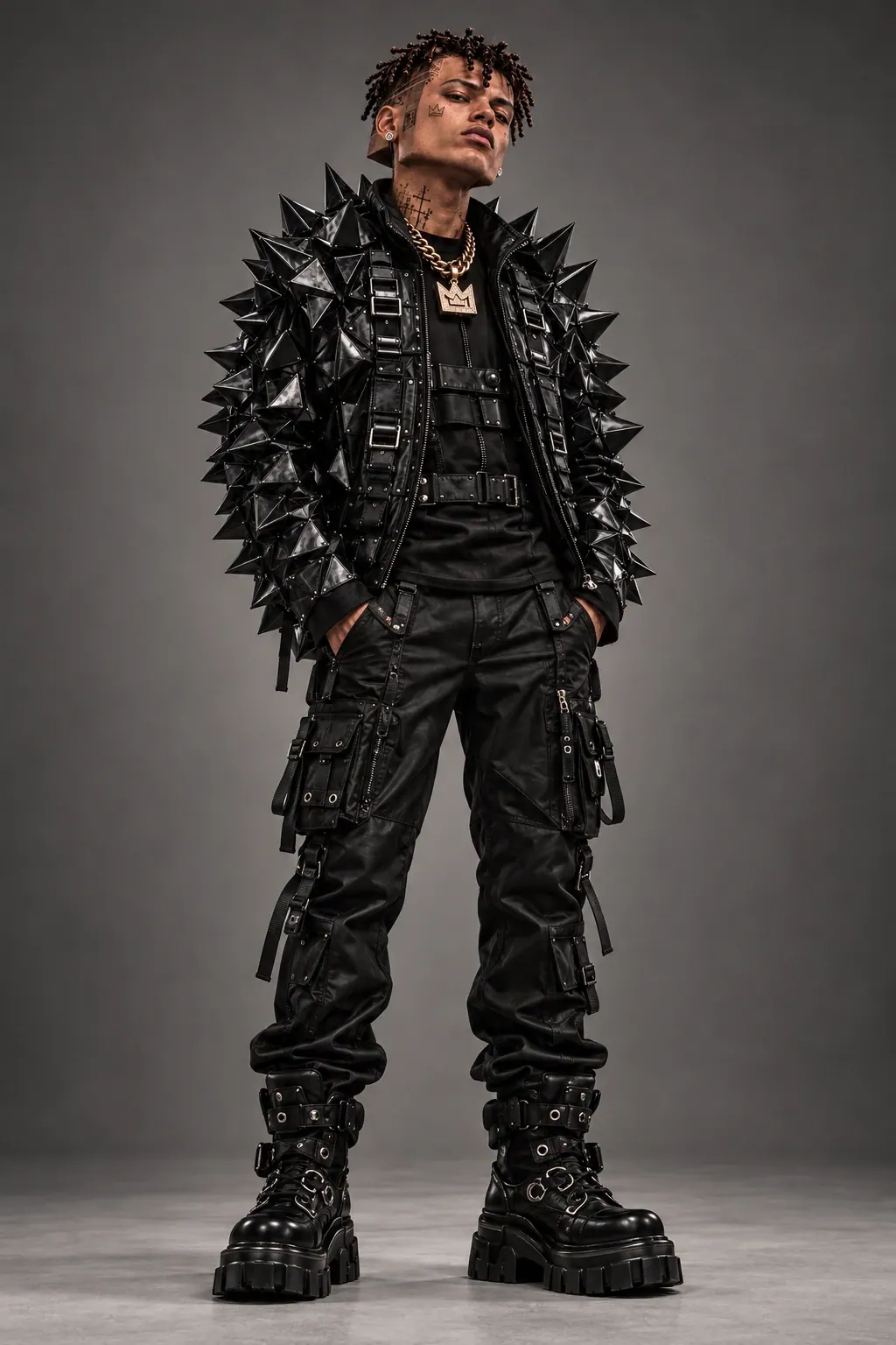 Full-length KUBE 03 in the black spike jacket, cargo trousers and platform boots, front view