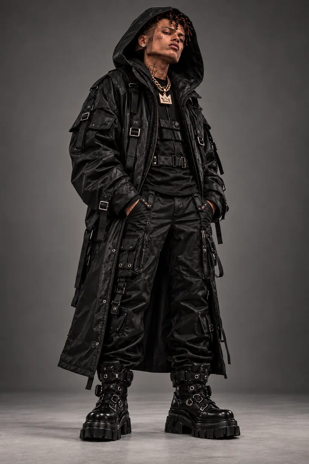 Full-length KUBE 03 in a black hooded long coat, cargo trousers and platform boots
