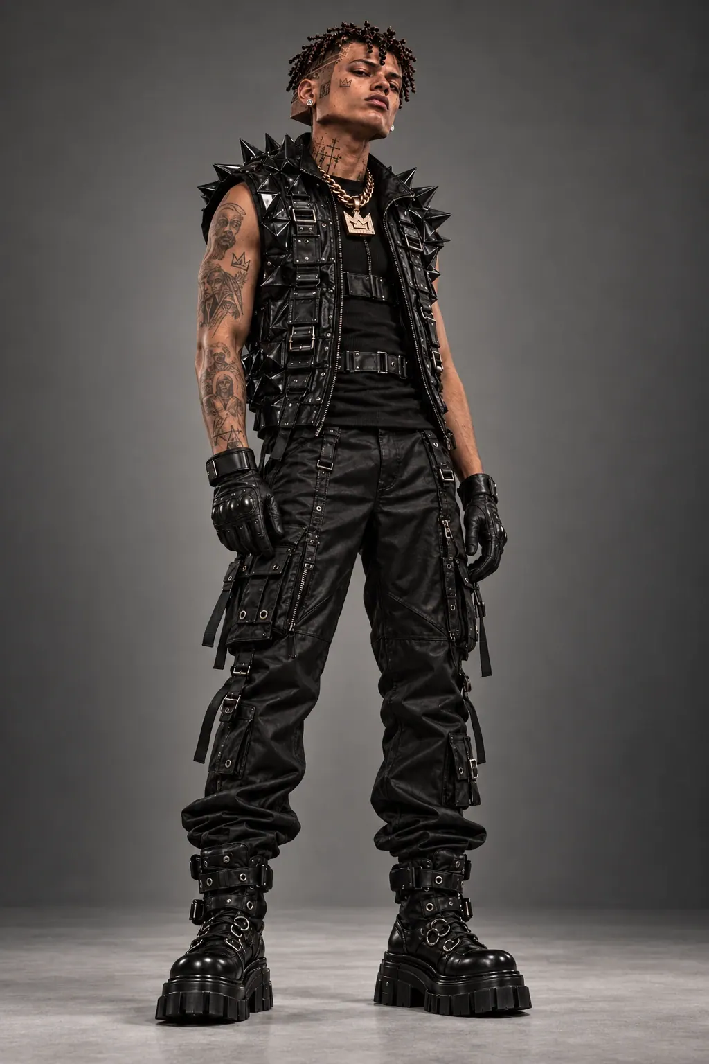 Full-length KUBE 03 in a sleeveless spiked vest, gloves, cargo trousers and platform boots