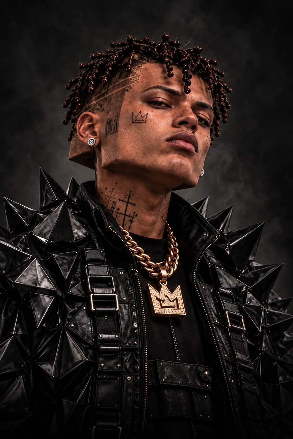 KUBE 03 in a black spike jacket and gold crown pendant, chin raised, in front of a concrete wall