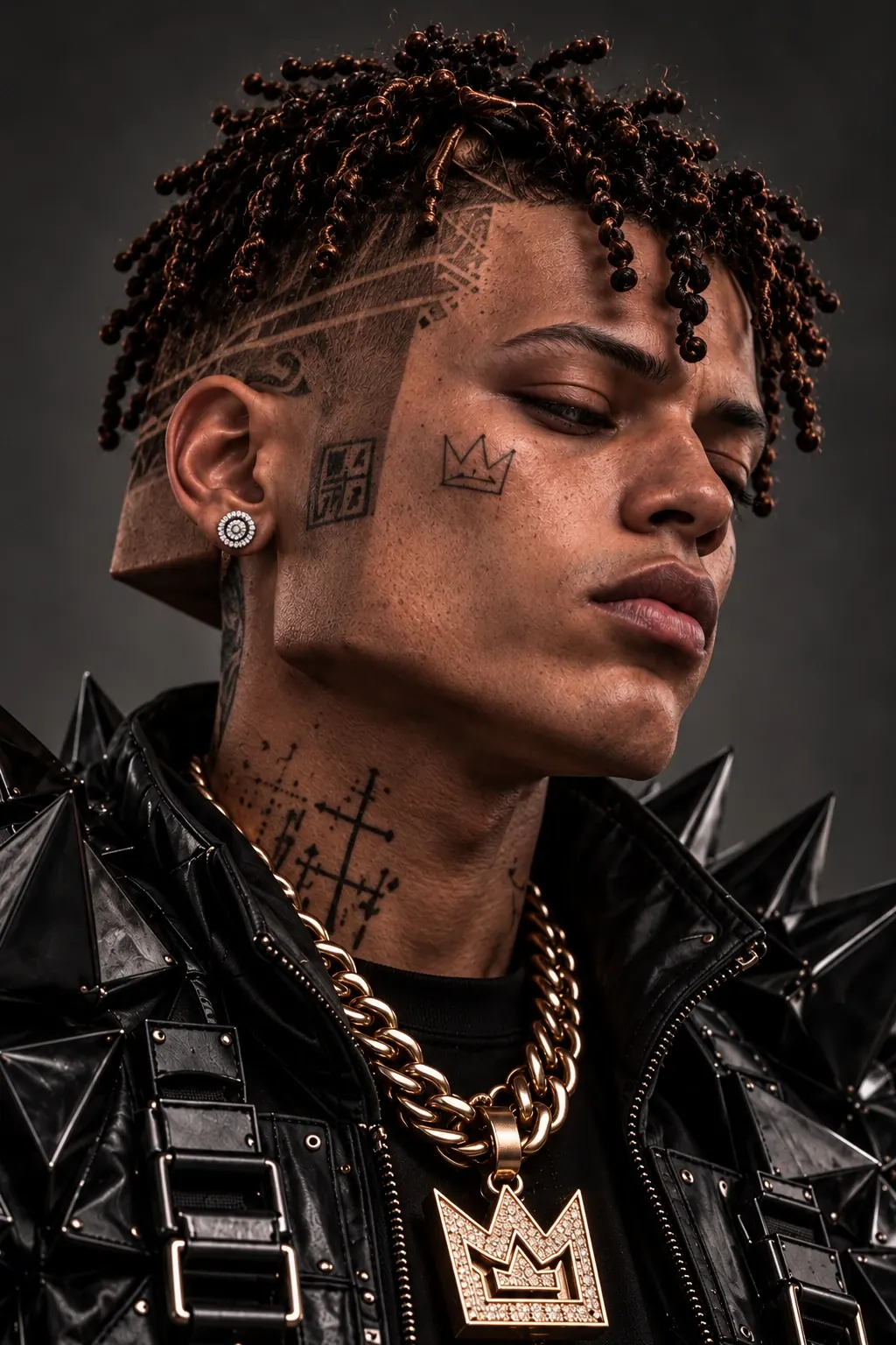 Close portrait of KUBE 03 looking down, crown tattoo on the cheek and gold crown pendant