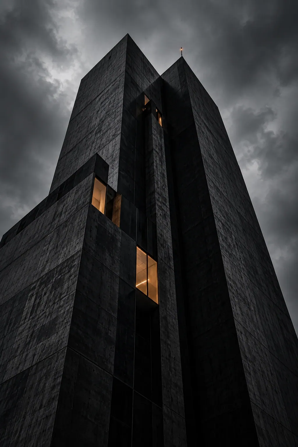 A monolithic black tower with a few warm lit windows under a stormy sky